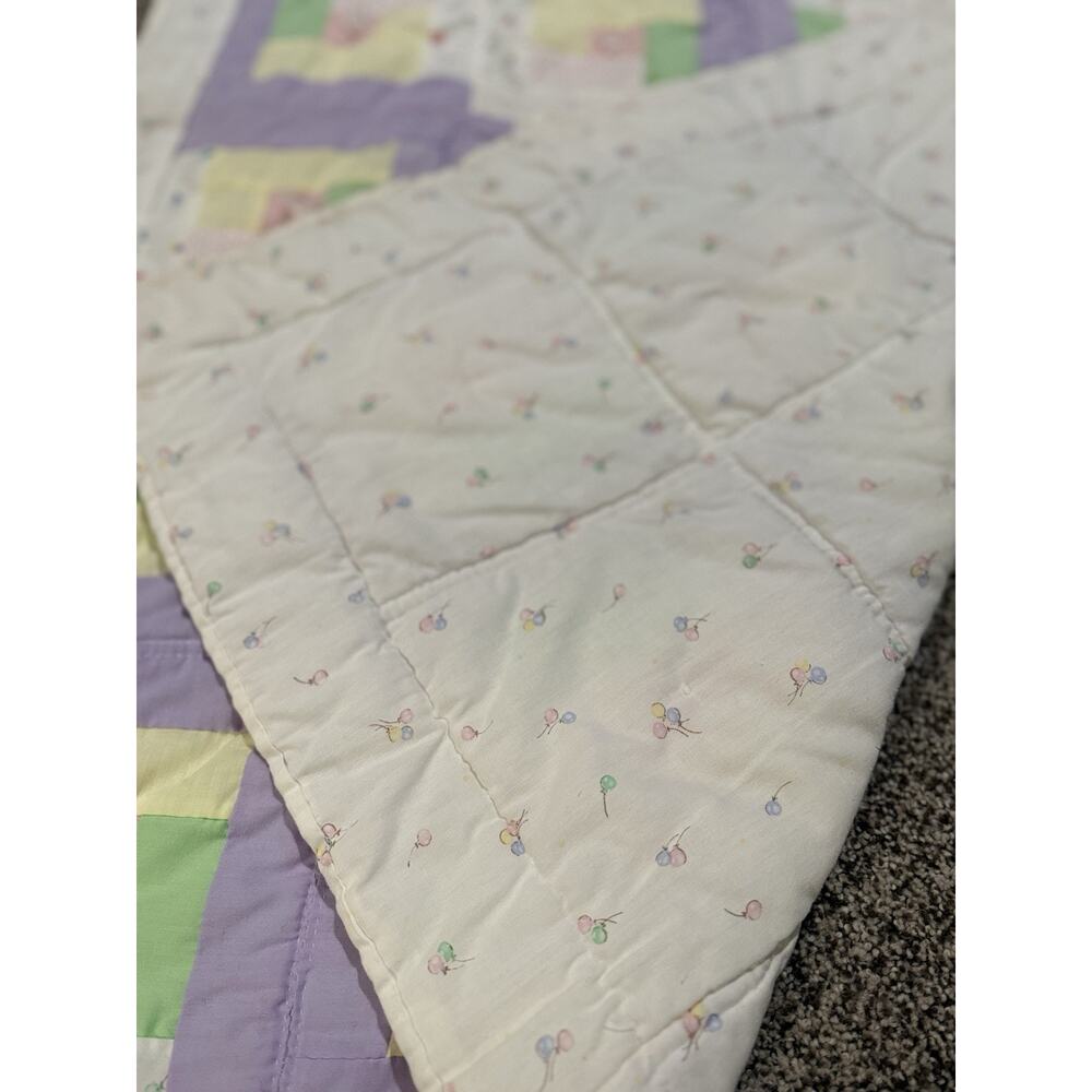 Vintage Pastel Log Cabin Style Crib Quilt. Handmade 34x47 Hand Stitched Quilted - Picture 7 of 9
